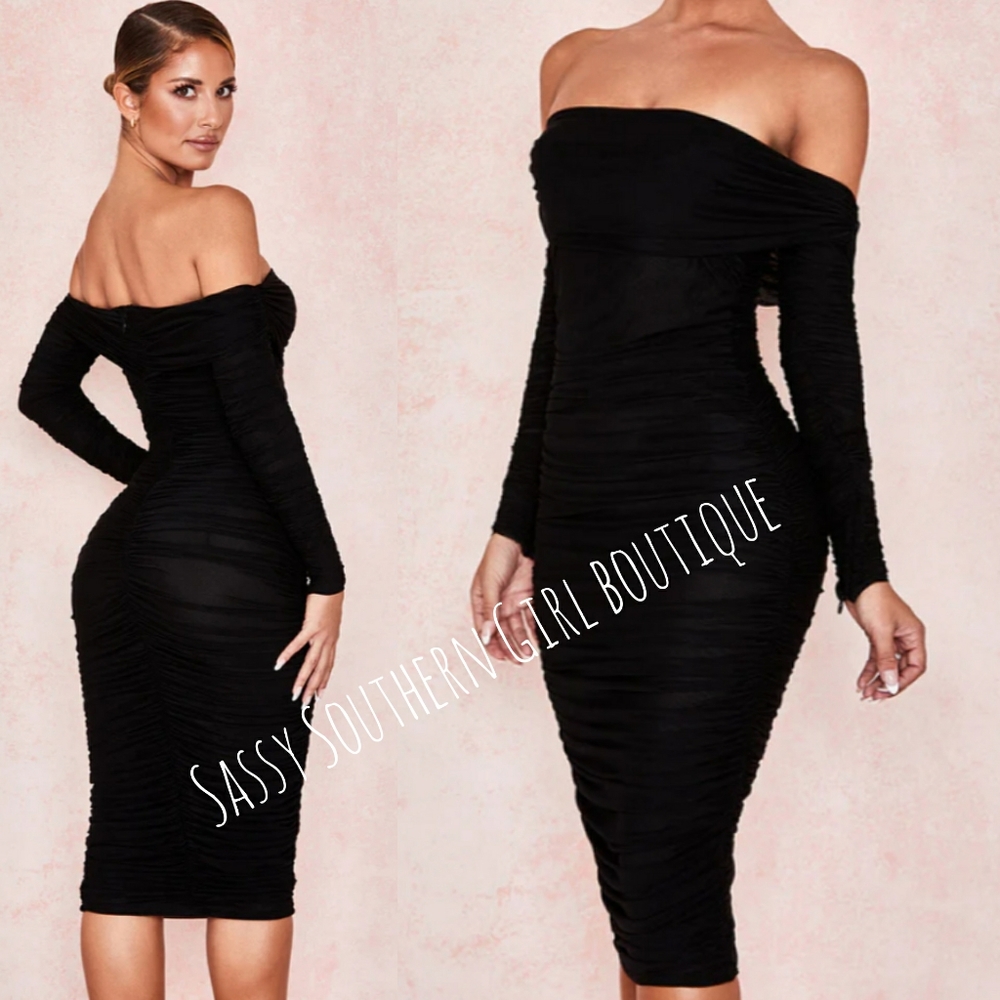 🆕⭐ Black mesh overlay ruched midi dress